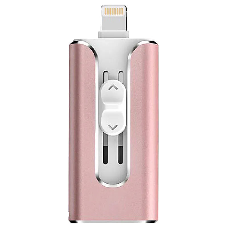 Silver metal USB flash drive with both a standard USB connector and a Lightning connector for Apple devices.