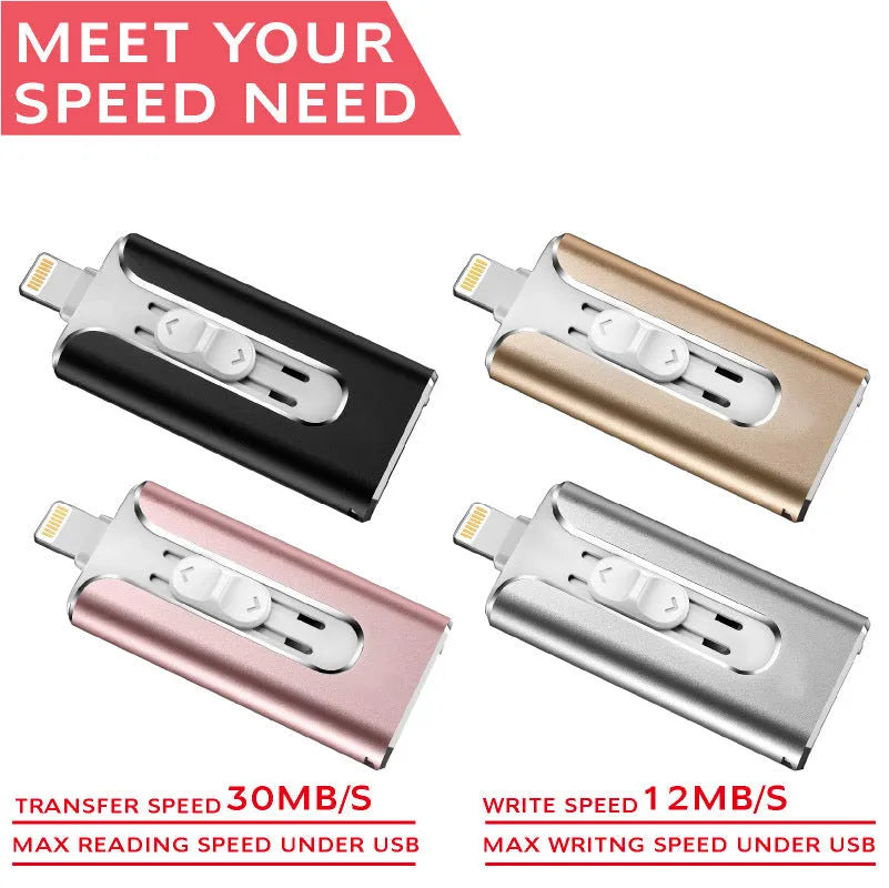 Silver metal USB flash drive with both a standard USB connector and a Lightning connector for Apple devices.