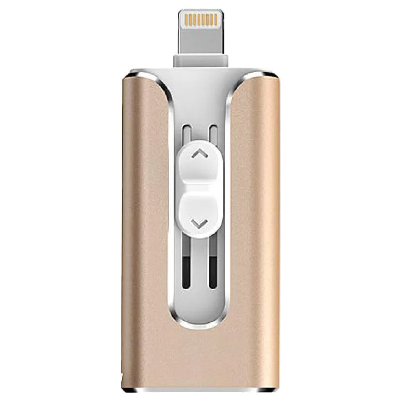 Silver metal USB flash drive with both a standard USB connector and a Lightning connector for Apple devices.