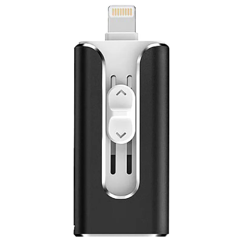 Silver metal USB flash drive with both a standard USB connector and a Lightning connector for Apple devices.