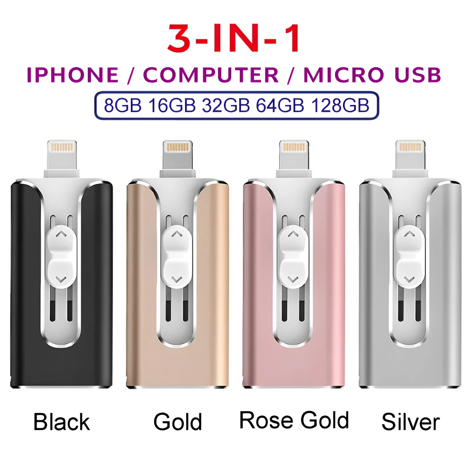 Silver metal USB flash drive with both a standard USB connector and a Lightning connector for Apple devices.
