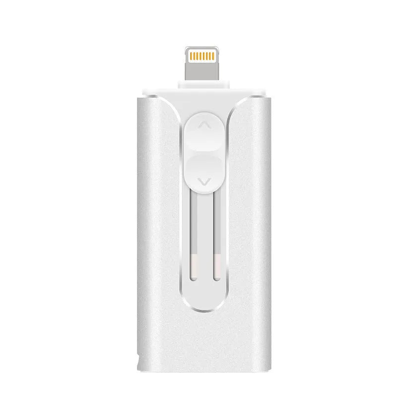 Silver metal USB flash drive with both a standard USB connector and a Lightning connector for Apple devices.
