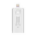 Silver metal USB flash drive with both a standard USB connector and a Lightning connector for Apple devices.