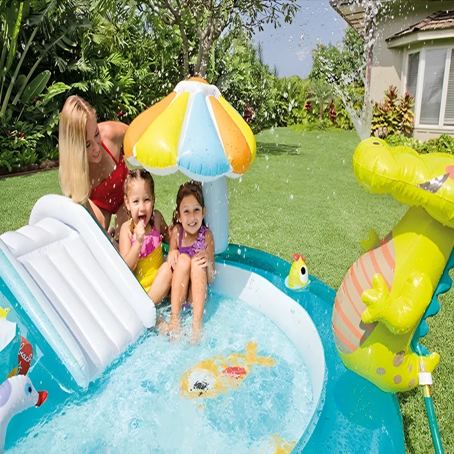 Inflatable swimming pool for kids with water slide in garden, sponge material, 203cm size
