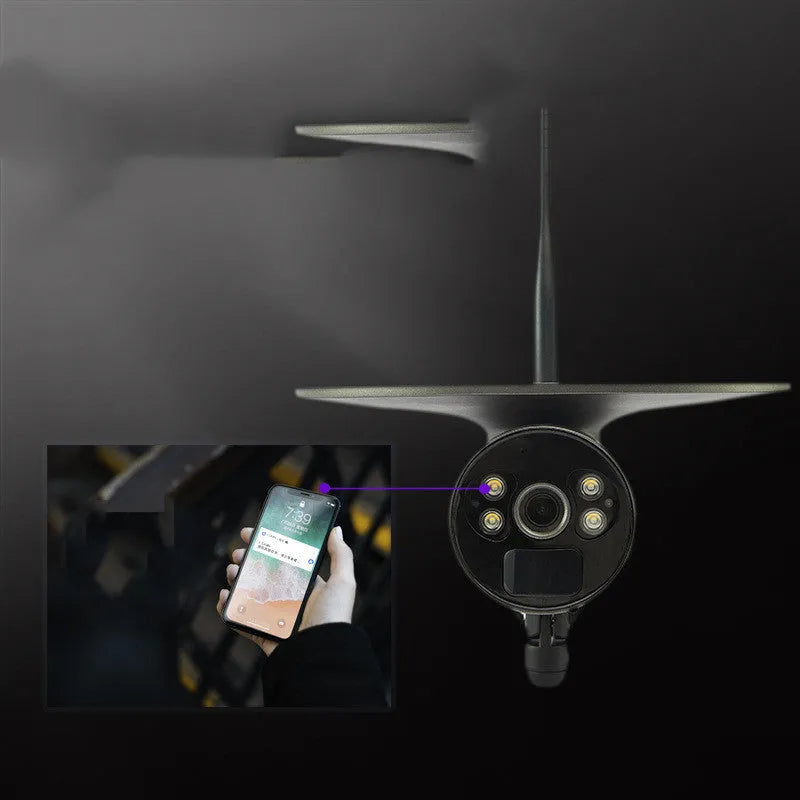 Solar wireless 4G outdoor camera in black with metal and plastic housing, 2MP 1080P sensor, and solar panel