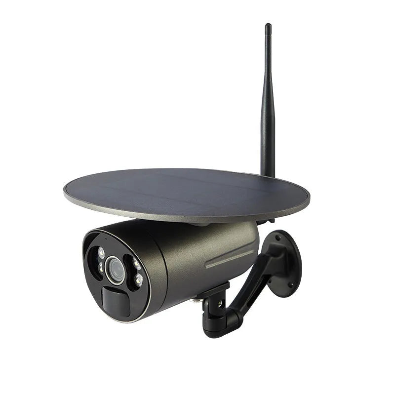 Solar wireless 4G outdoor camera in black with metal and plastic housing, 2MP 1080P sensor, and solar panel