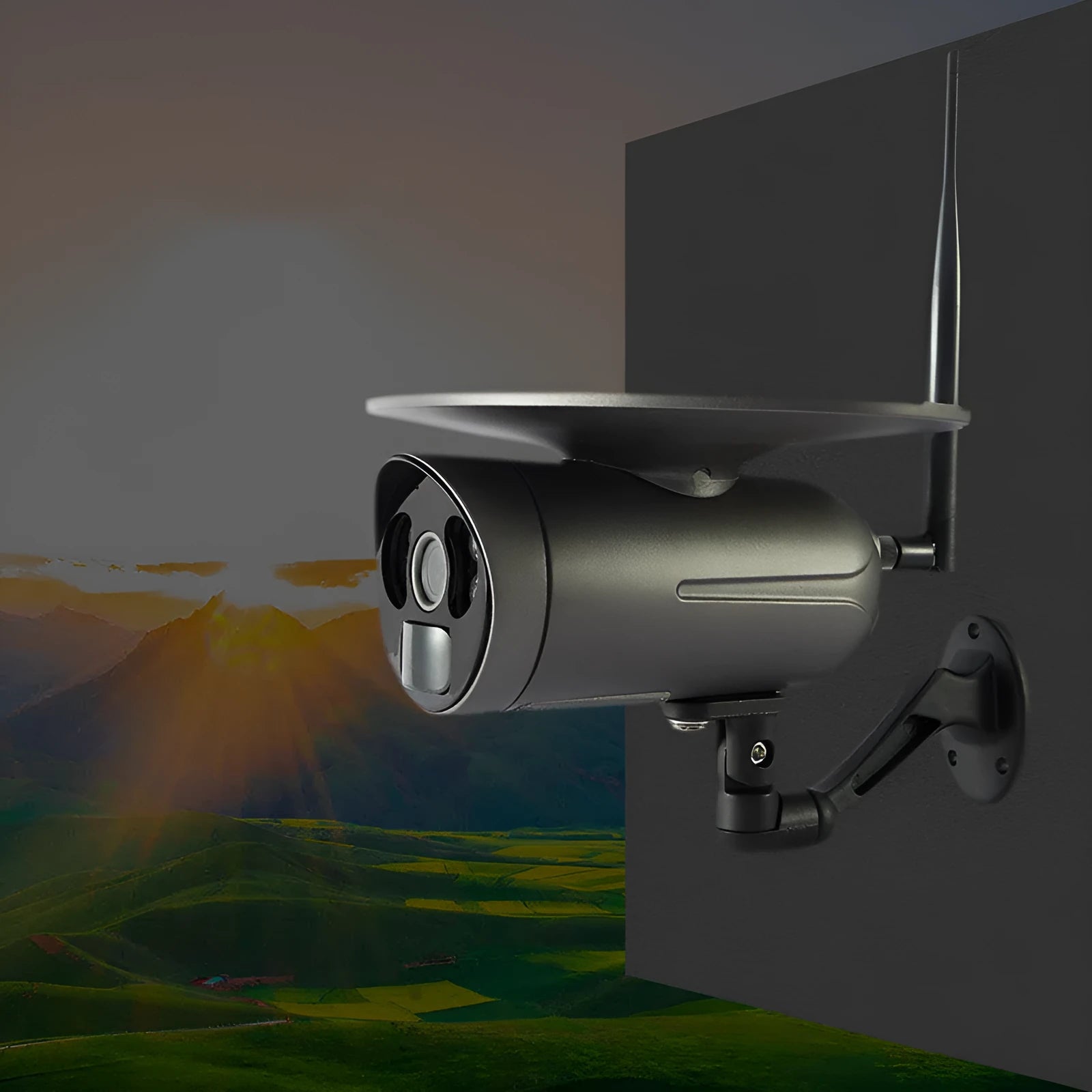 Solar wireless 4G outdoor camera in black with metal and plastic housing, 2MP 1080P sensor, and solar panel