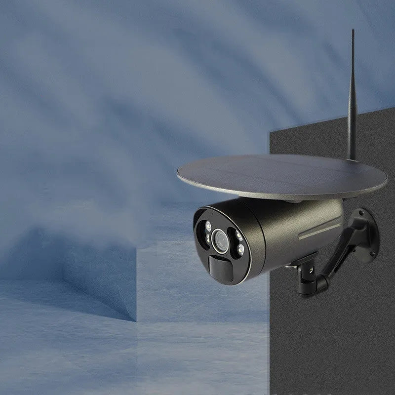 Solar wireless 4G outdoor camera in black with metal and plastic housing, 2MP 1080P sensor, and solar panel
