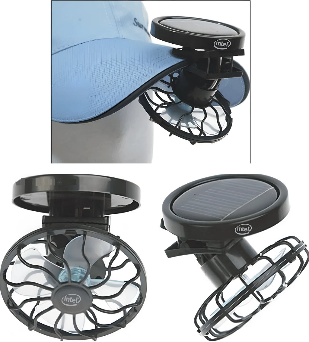 Black solar-powered clip-on cooling fan for outdoor activities with solar panel and fan assembly