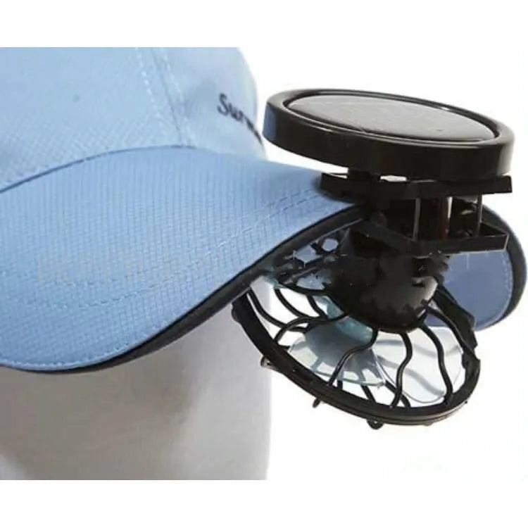 Black solar-powered clip-on cooling fan for outdoor activities with solar panel and fan assembly