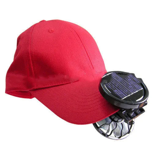 Black solar-powered clip-on cooling fan for outdoor activities with solar panel and fan assembly