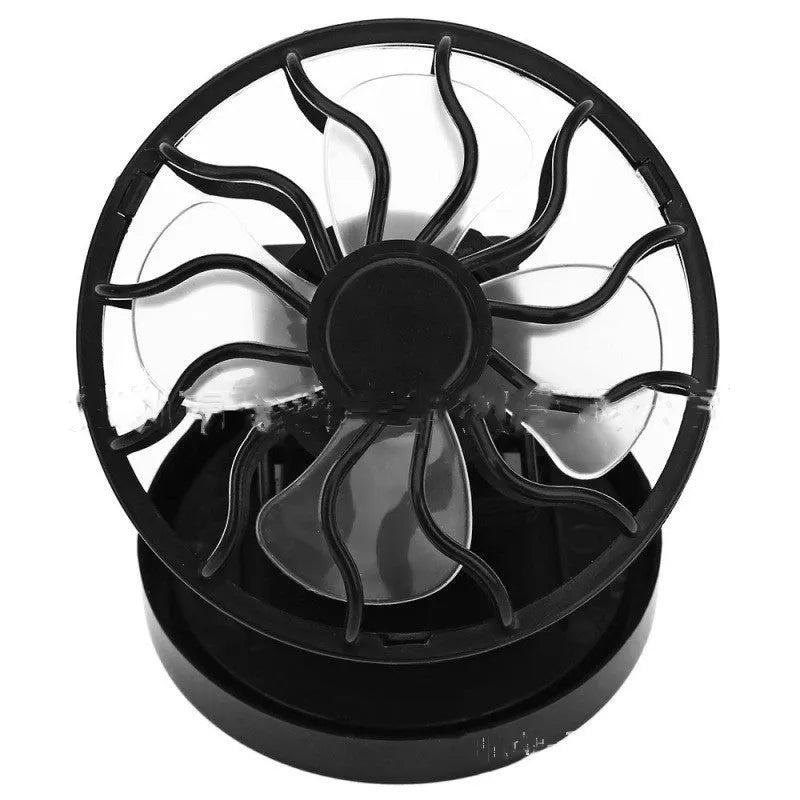 Black solar-powered clip-on cooling fan for outdoor activities with solar panel and fan assembly