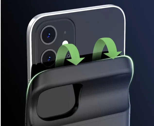 Black wireless back clip battery for iPhone 12 with ultra-thin TPU soft case showing multi-USB ports