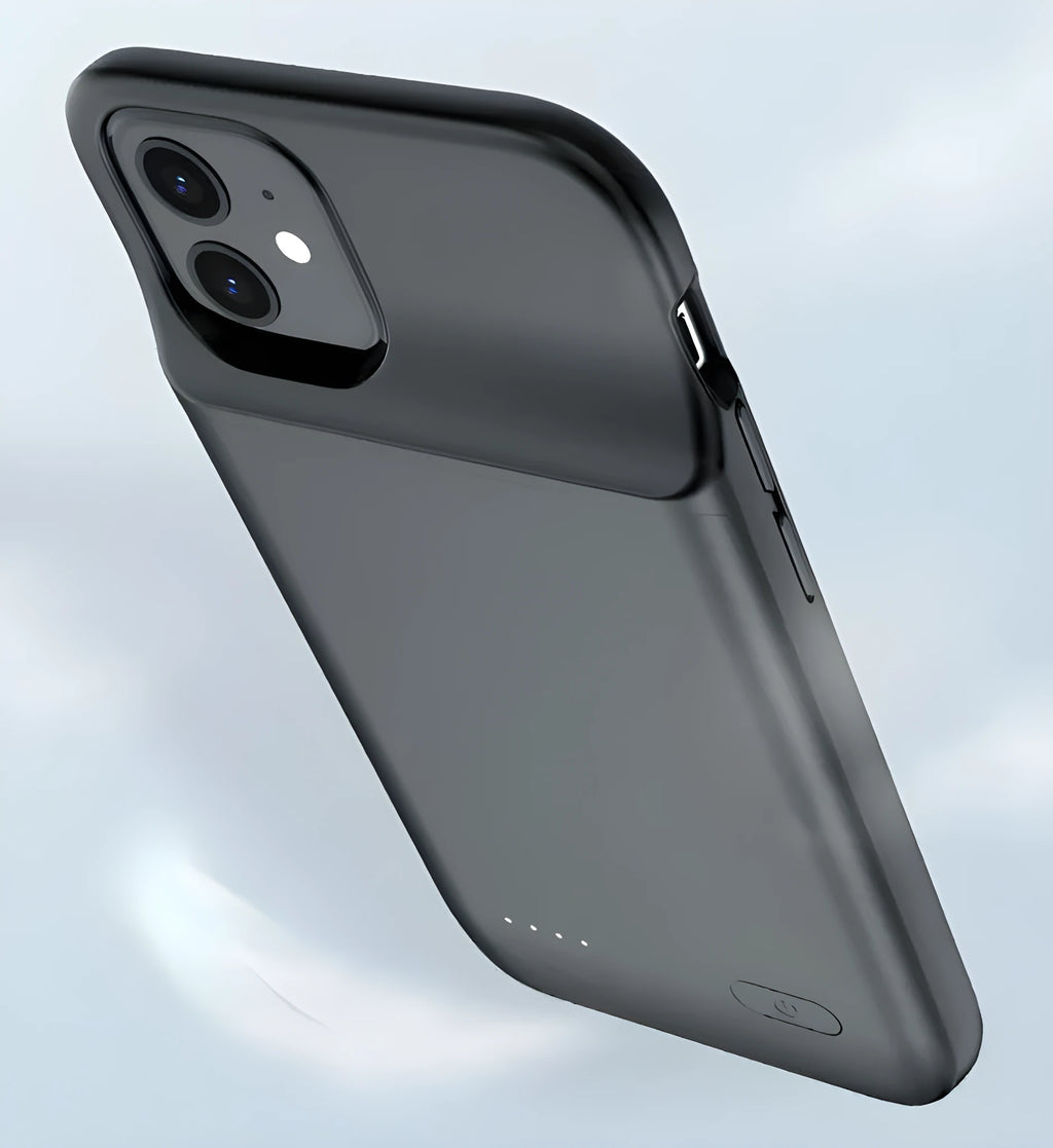 Black wireless back clip battery for iPhone 12 with ultra-thin TPU soft case showing multi-USB ports