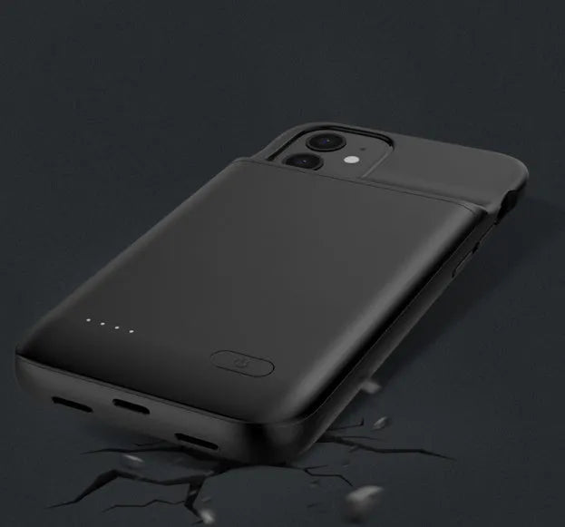 Black wireless back clip battery for iPhone 12 with ultra-thin TPU soft case showing multi-USB ports