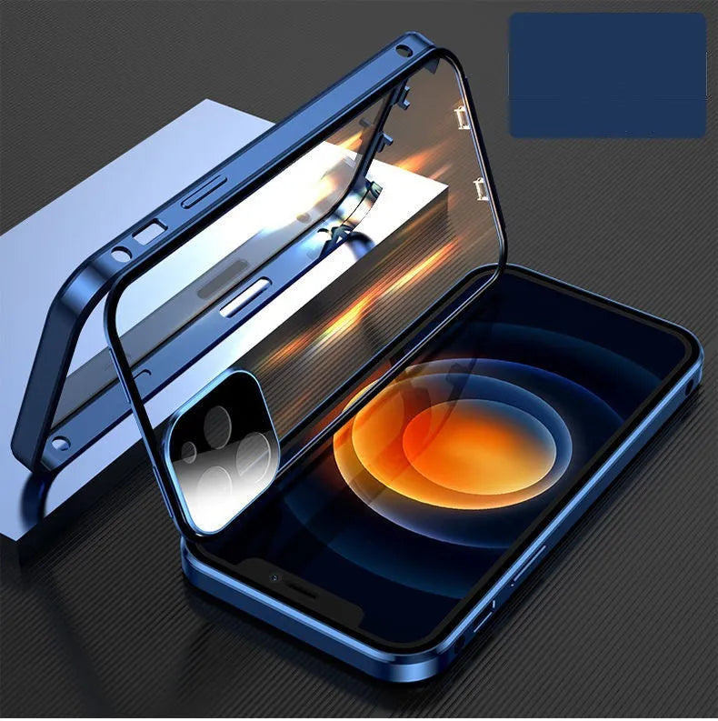 Black aluminium bumper iPhone case with magnetic snap-on design and full tempered glass screen protectors.