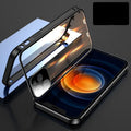 Black aluminium bumper iPhone case with magnetic snap-on design and full tempered glass screen protectors.