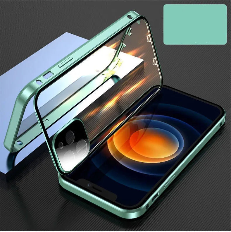 Black aluminium bumper iPhone case with magnetic snap-on design and full tempered glass screen protectors.