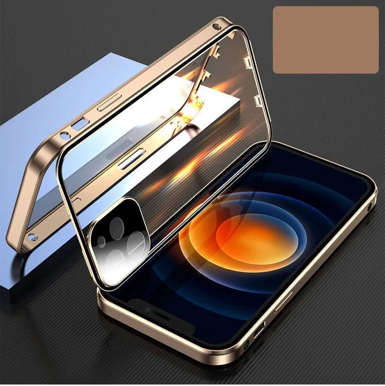 Black aluminium bumper iPhone case with magnetic snap-on design and full tempered glass screen protectors.
