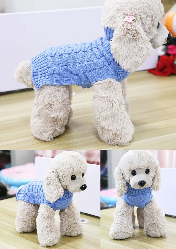 Twisted rope cashmere wool dog sweater in a V-neck style on a size chart showing measurements.