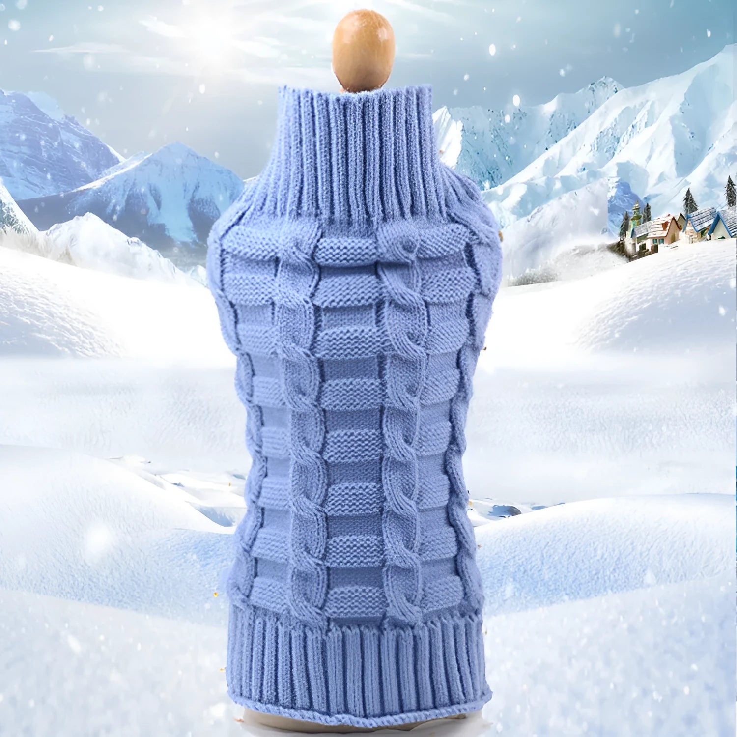 Twisted rope cashmere wool dog sweater in a V-neck style on a size chart showing measurements.