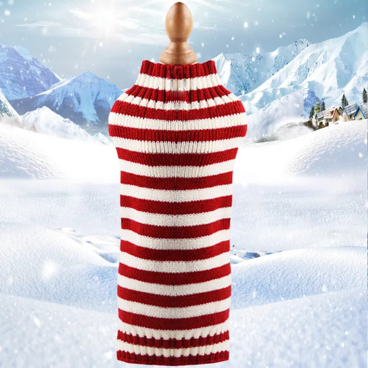 Twisted rope cashmere wool dog sweater in a V-neck style on a size chart showing measurements.