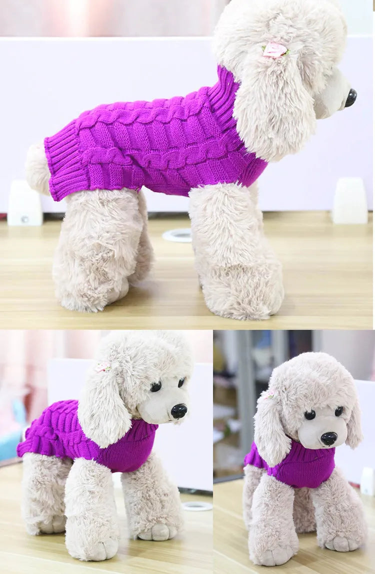 Twisted rope cashmere wool dog sweater in a V-neck style on a size chart showing measurements.