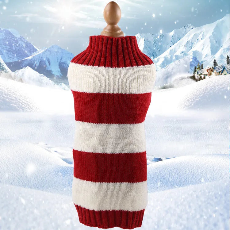 Twisted rope cashmere wool dog sweater in a V-neck style on a size chart showing measurements.