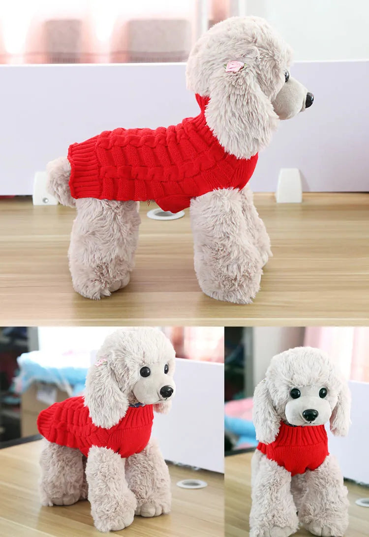 Twisted rope cashmere wool dog sweater in a V-neck style on a size chart showing measurements.