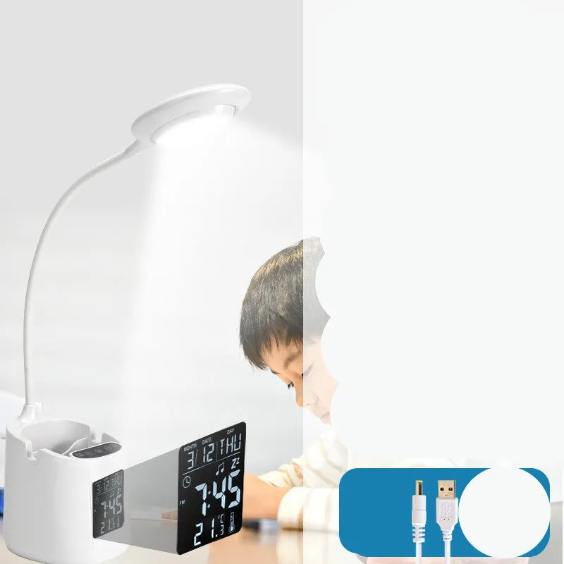 White desk lamp with touch controls and USB power cable for eye-protected studying