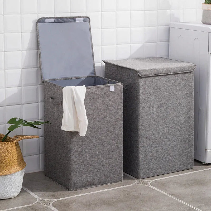 Washable cotton linen fabric clothes sorting box with cover in beige colour