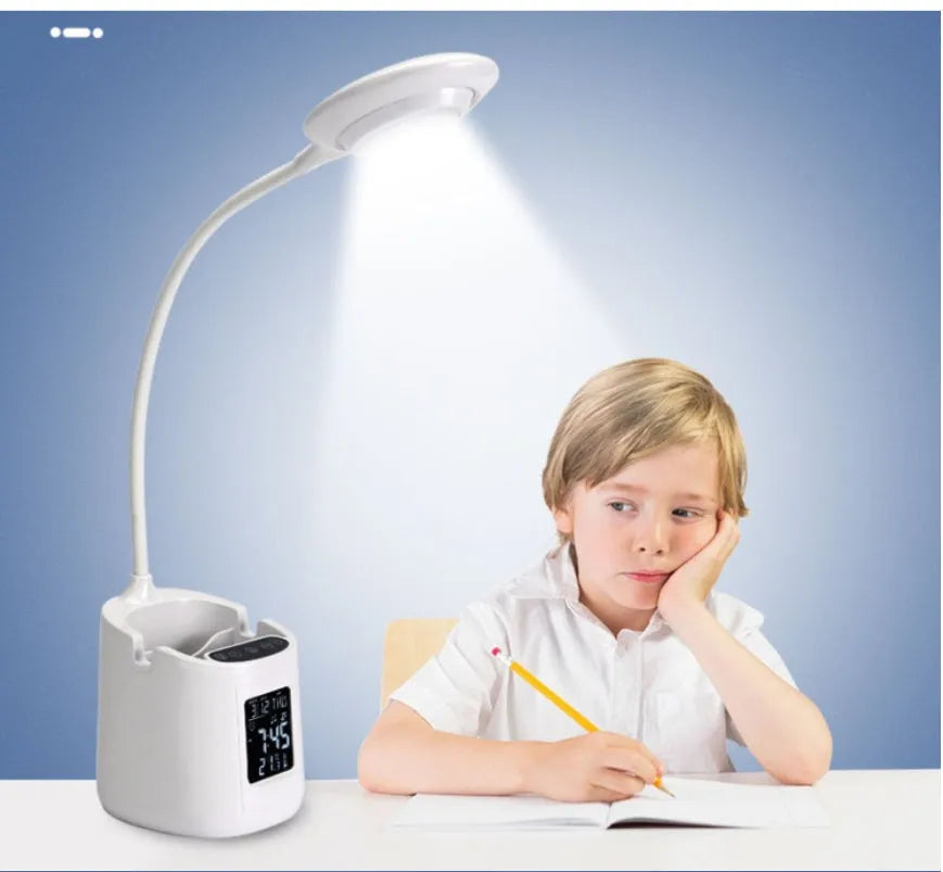 White desk lamp with touch controls and USB power cable for eye-protected studying