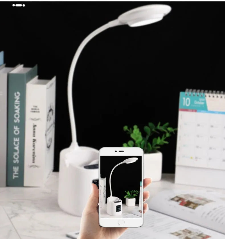White desk lamp with touch controls and USB power cable for eye-protected studying