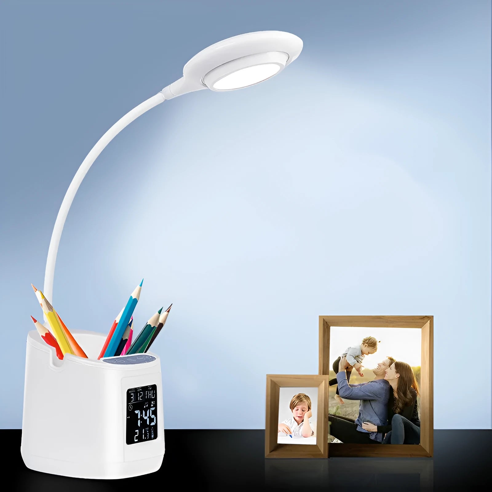 White desk lamp with touch controls and USB power cable for eye-protected studying