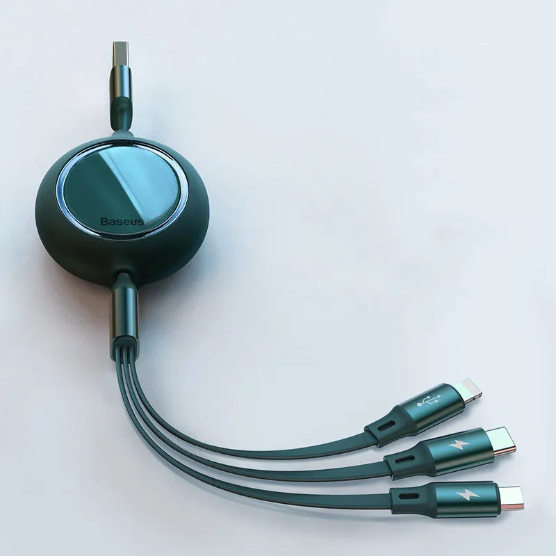 Retractable 3-in-1 car charging cable in black with Lightning, Type-C, and Micro USB connectors, 1.2m length