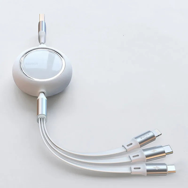 Retractable 3-in-1 car charging cable in black with Lightning, Type-C, and Micro USB connectors, 1.2m length