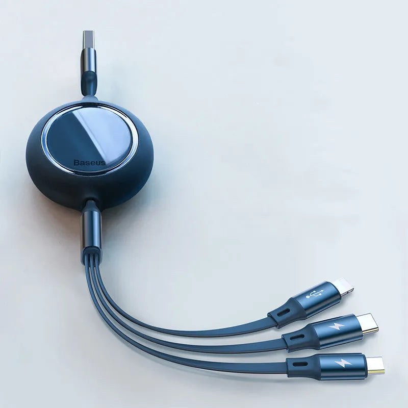 Retractable 3-in-1 car charging cable in black with Lightning, Type-C, and Micro USB connectors, 1.2m length