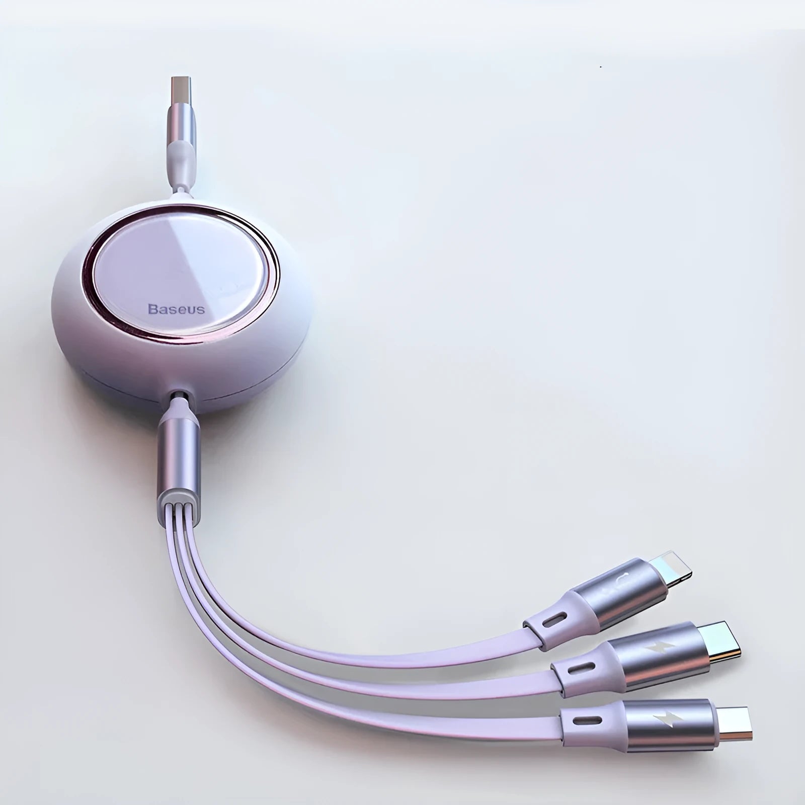 Retractable 3-in-1 car charging cable in black with Lightning, Type-C, and Micro USB connectors, 1.2m length