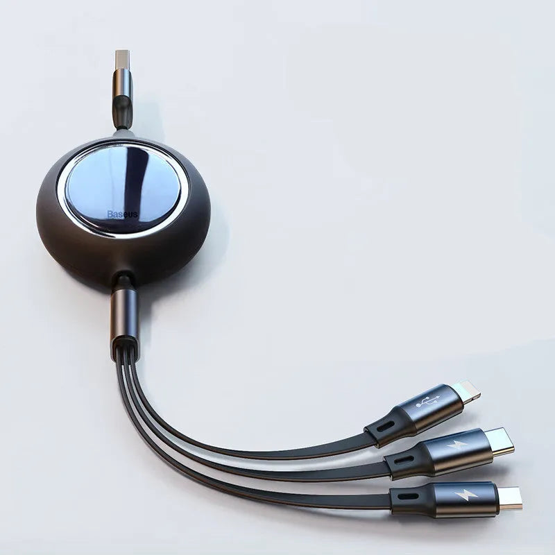 Retractable 3-in-1 car charging cable in black with Lightning, Type-C, and Micro USB connectors, 1.2m length