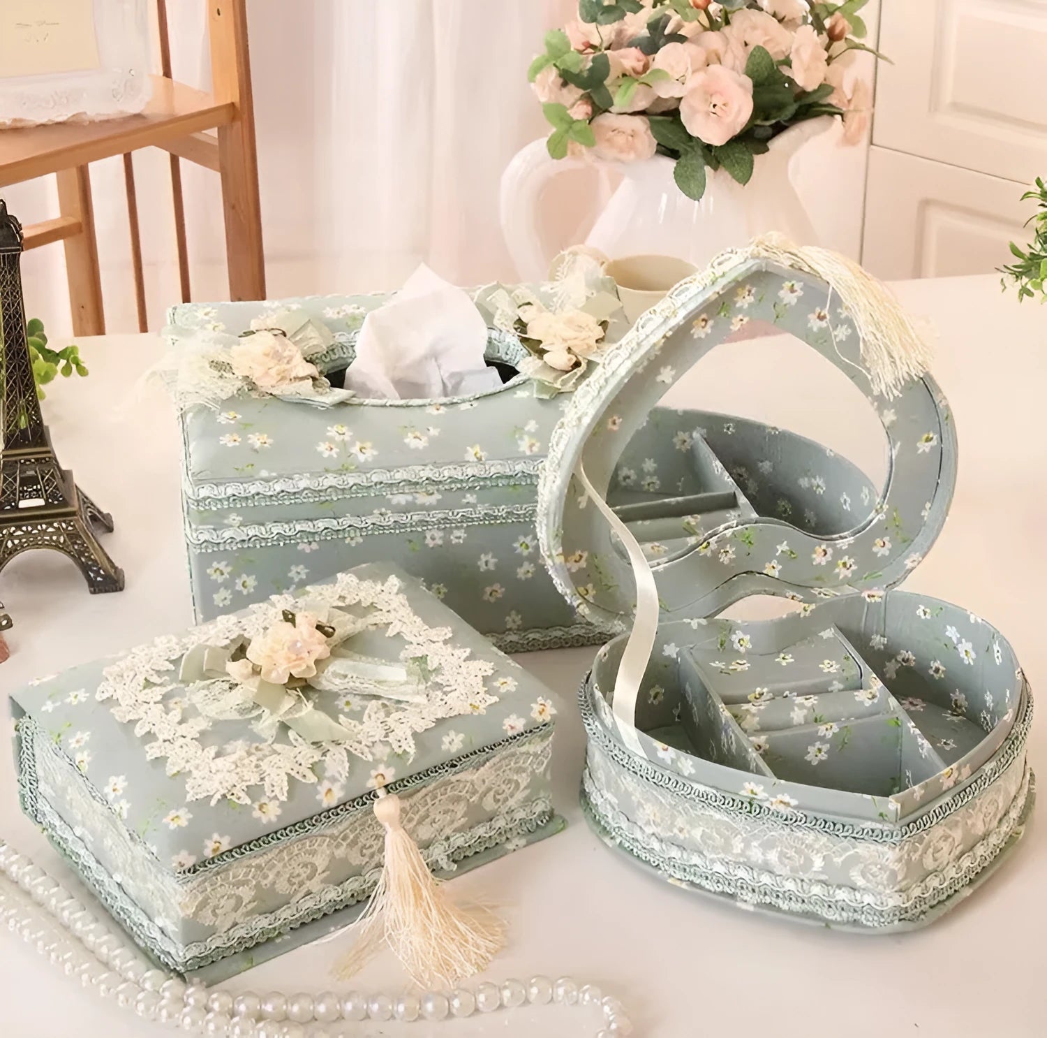 Ceramic jewellery and tissue storage box in bright apricot, green, or pink colour