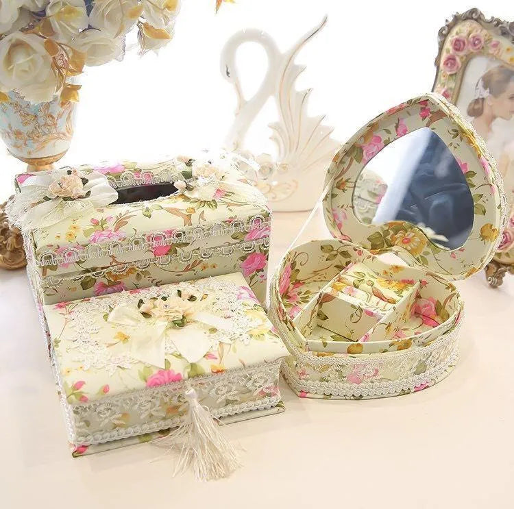 Ceramic jewellery and tissue storage box in bright apricot, green, or pink colour
