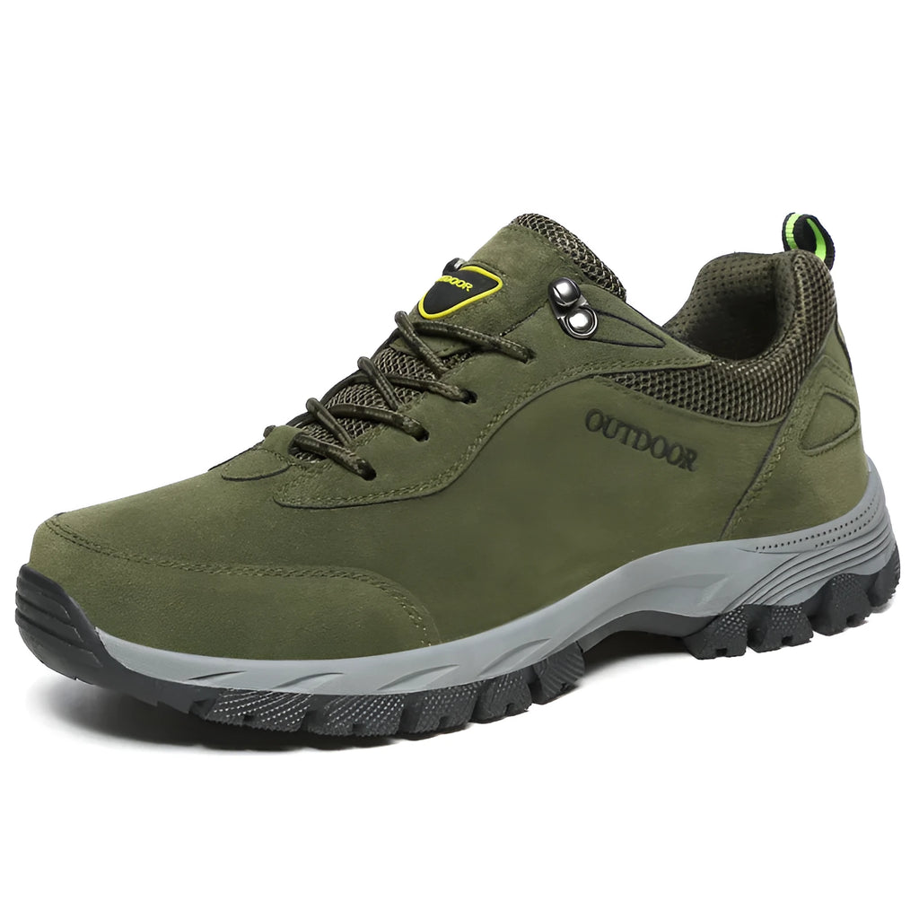 Men's low-top outdoor hiking shoes in army green with mesh upper detail and rubber sole.