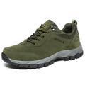 Men's low-top outdoor hiking shoes in army green with mesh upper detail and rubber sole.