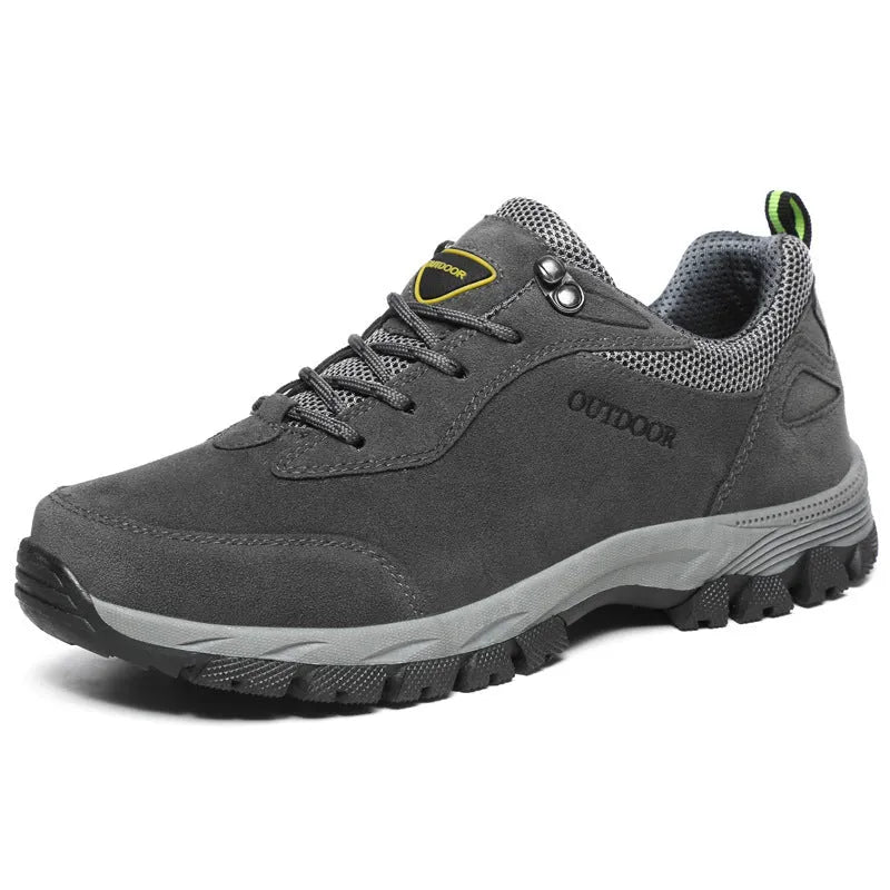 Men's low-top outdoor hiking shoes in army green with mesh upper detail and rubber sole.