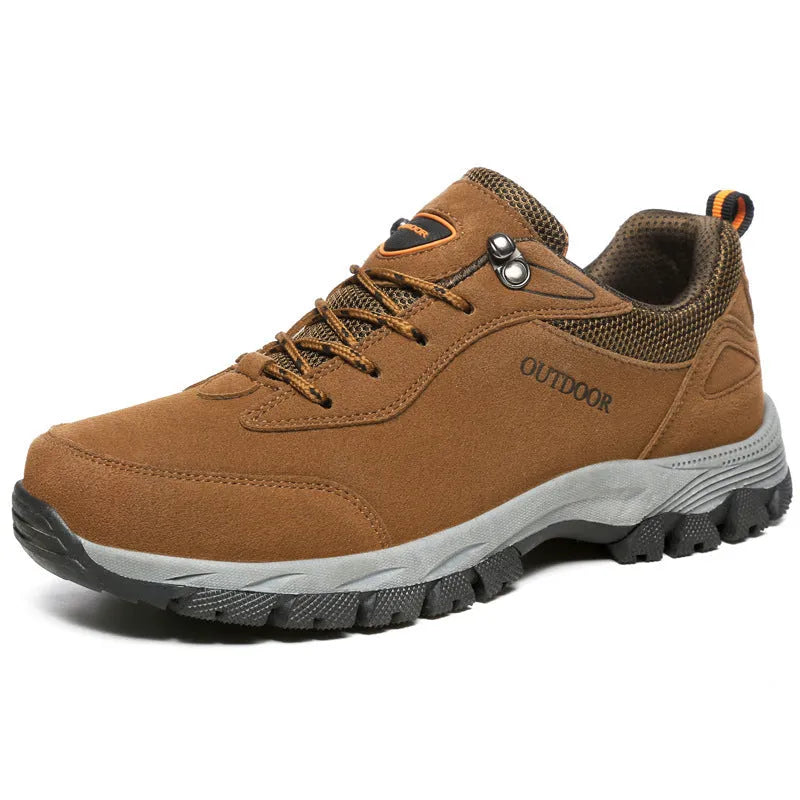 Men's low-top outdoor hiking shoes in army green with mesh upper detail and rubber sole.