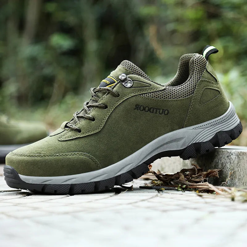 Men's low-top outdoor hiking shoes in army green with mesh upper detail and rubber sole.
