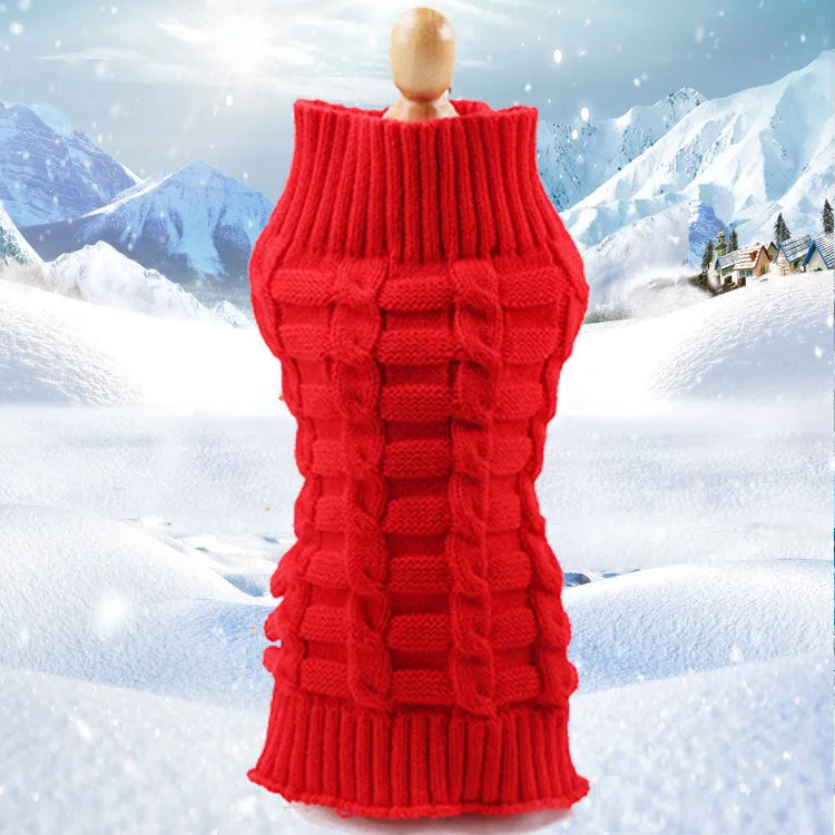 Twisted rope cashmere wool dog sweater in a V-neck style on a size chart showing measurements.