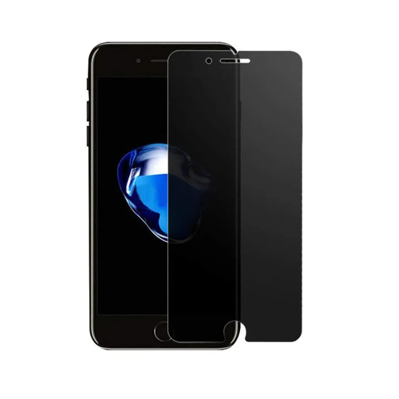 Tempered glass privacy screen protector for iPhone showing anti-peeping effect.