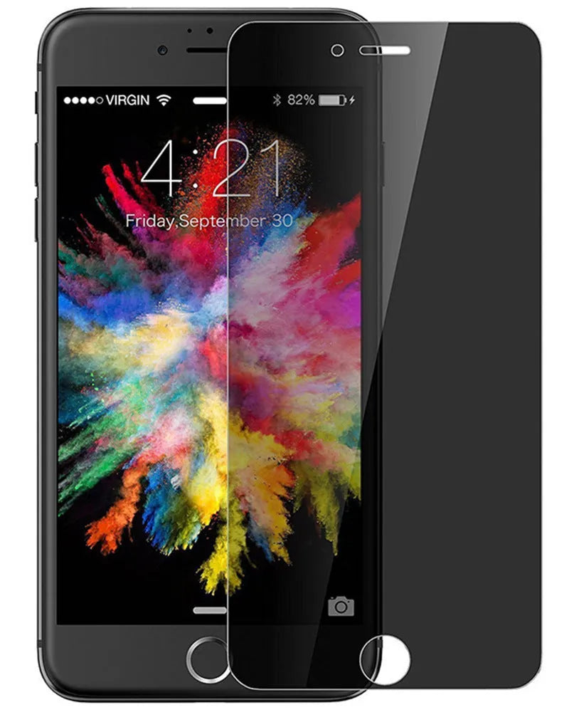 Tempered glass privacy screen protector for iPhone showing anti-peeping effect.