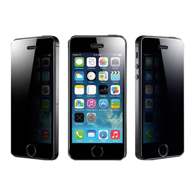 Tempered glass privacy screen protector for iPhone showing anti-peeping effect.